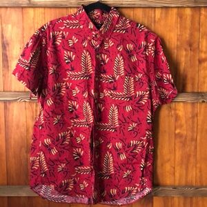 Jcrew short sleeve button up in red with gold/black tropical design